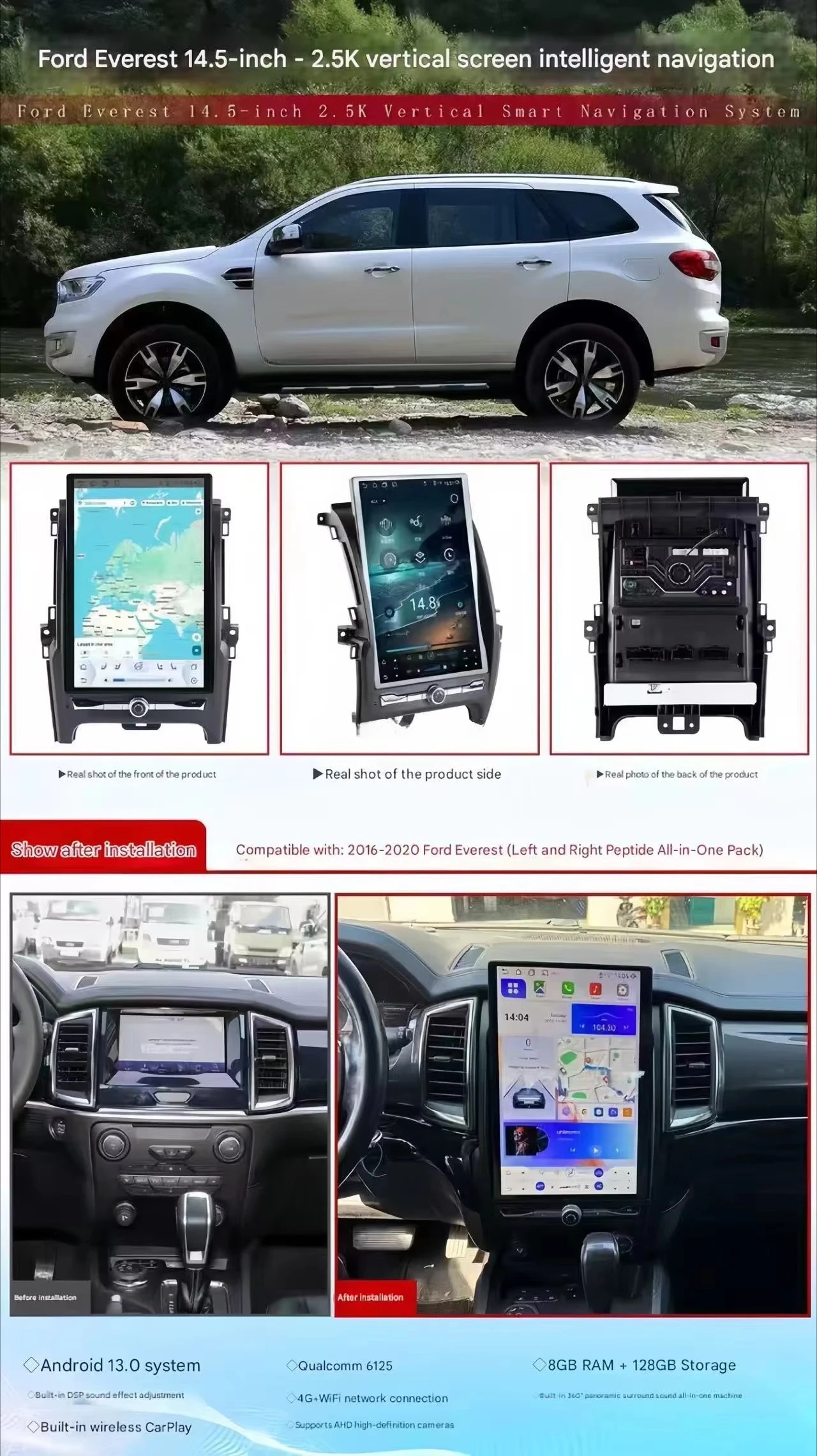 RoadNavi Custom Android 13 Portable HD Car Radio for  Everest 2016-2020  WiFi 4G DSP CarPlay 360